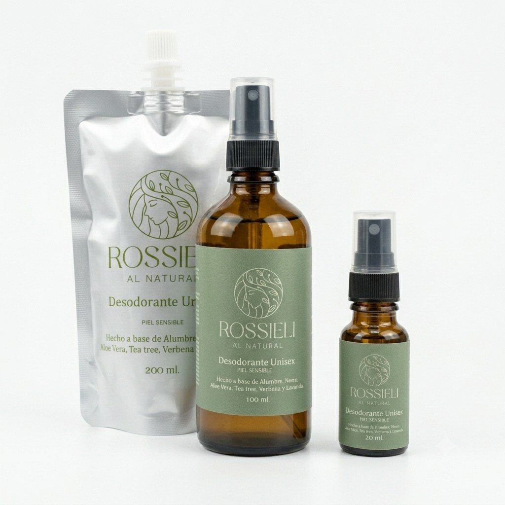 Kit Desodorante Piel Sensible de Rossieli Al Natural, incluye 100 ml, 20 ml y refill de 200 ml